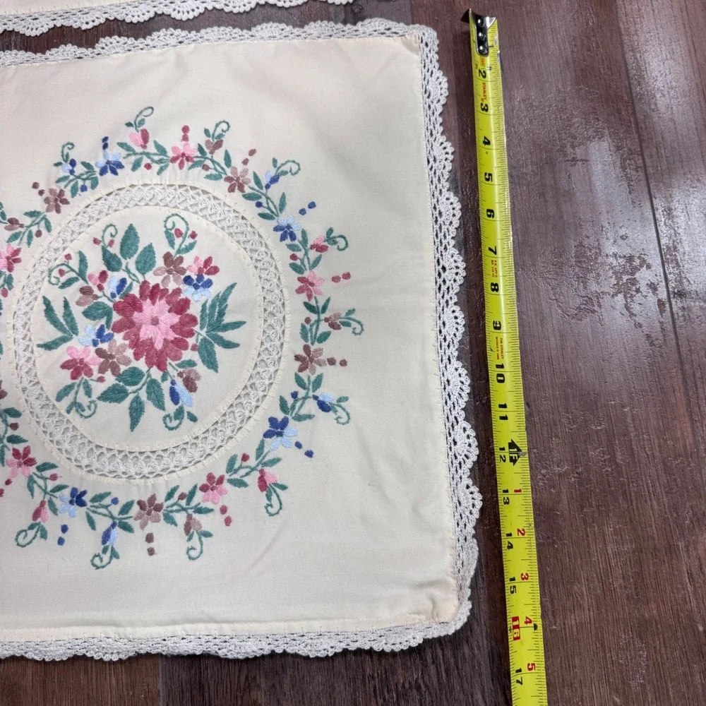 Vintage Hand Embroidered Floral Lace Trim Pillow Covers Set of 2 Cream 15.5